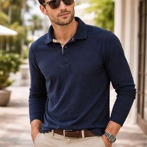 Burberry Brit 100% Cotton Dark Blue Long Sleeve Polo Shirt Men’s Designer Luxury